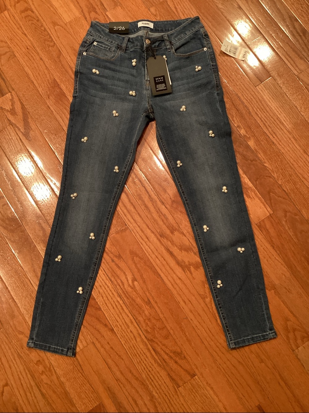 Kensie Blue Skinny Jeans with Pearl Accents